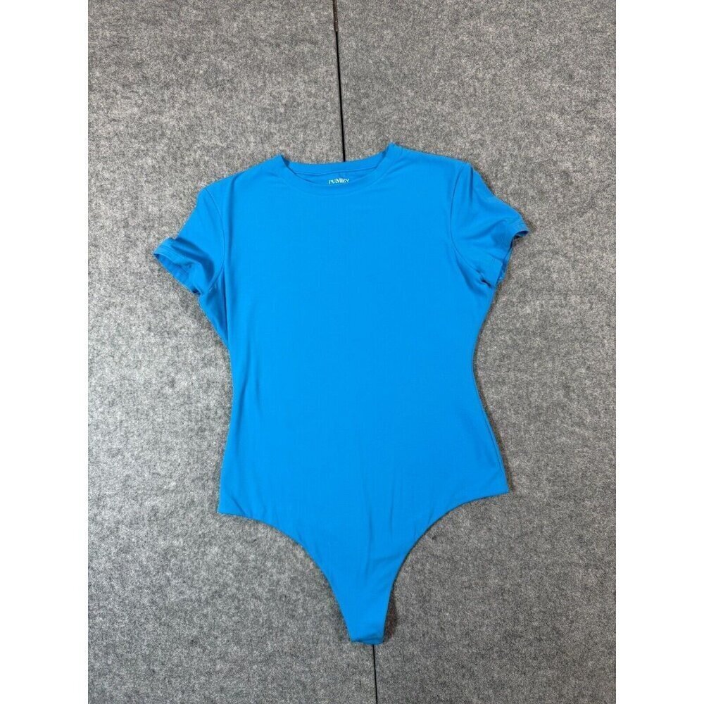 Pumiey Bodysuit Women's Large Blue Stretch Crew Neck Short Sleeve Swimwear